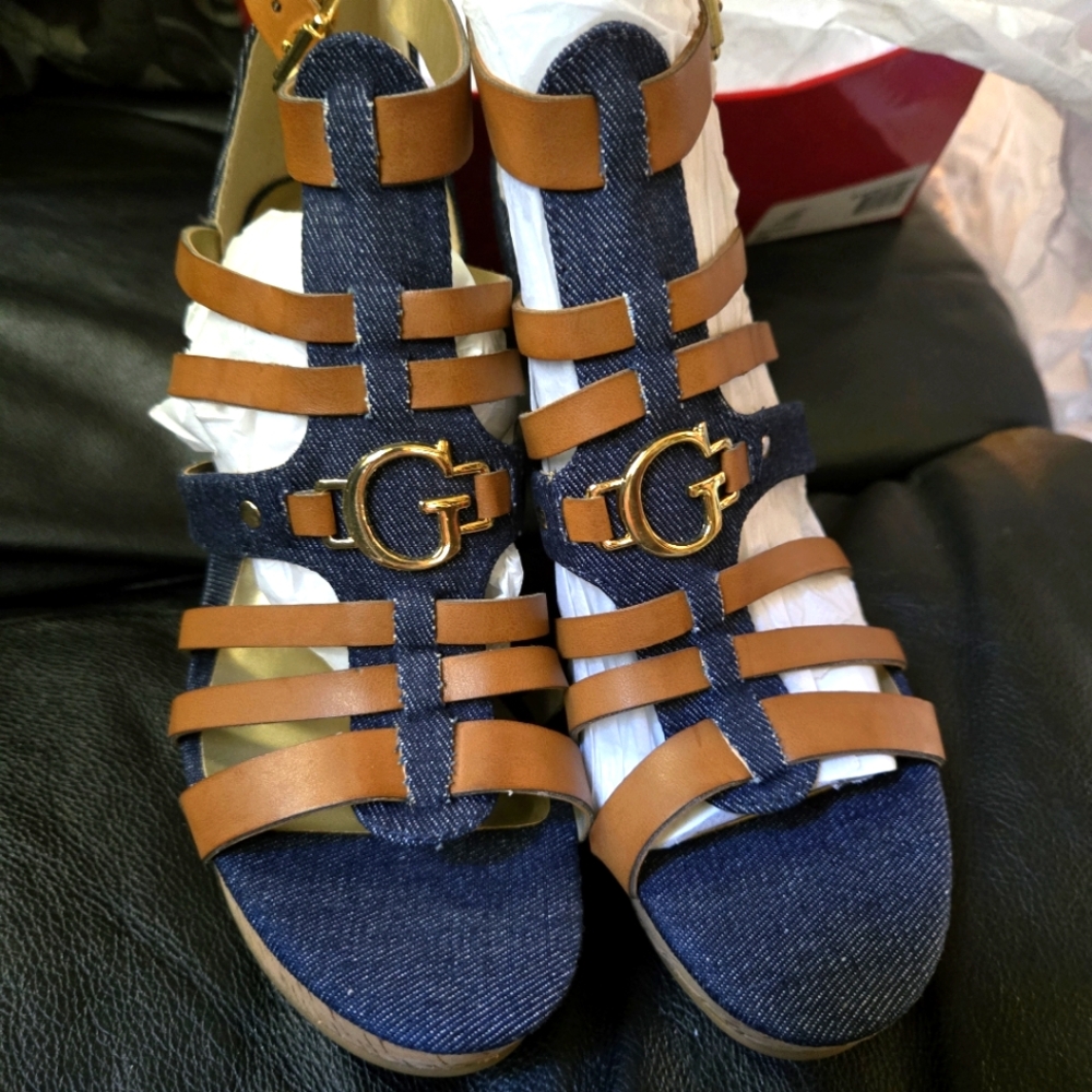 Guess CUTE brown& denim wedge heels sz7 NEW in box